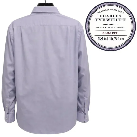 Charles Tyrwhitt Slim Fit Dress Shirt 18 Lilac Textured 100% Cotton L/S - Picture 4 of 10